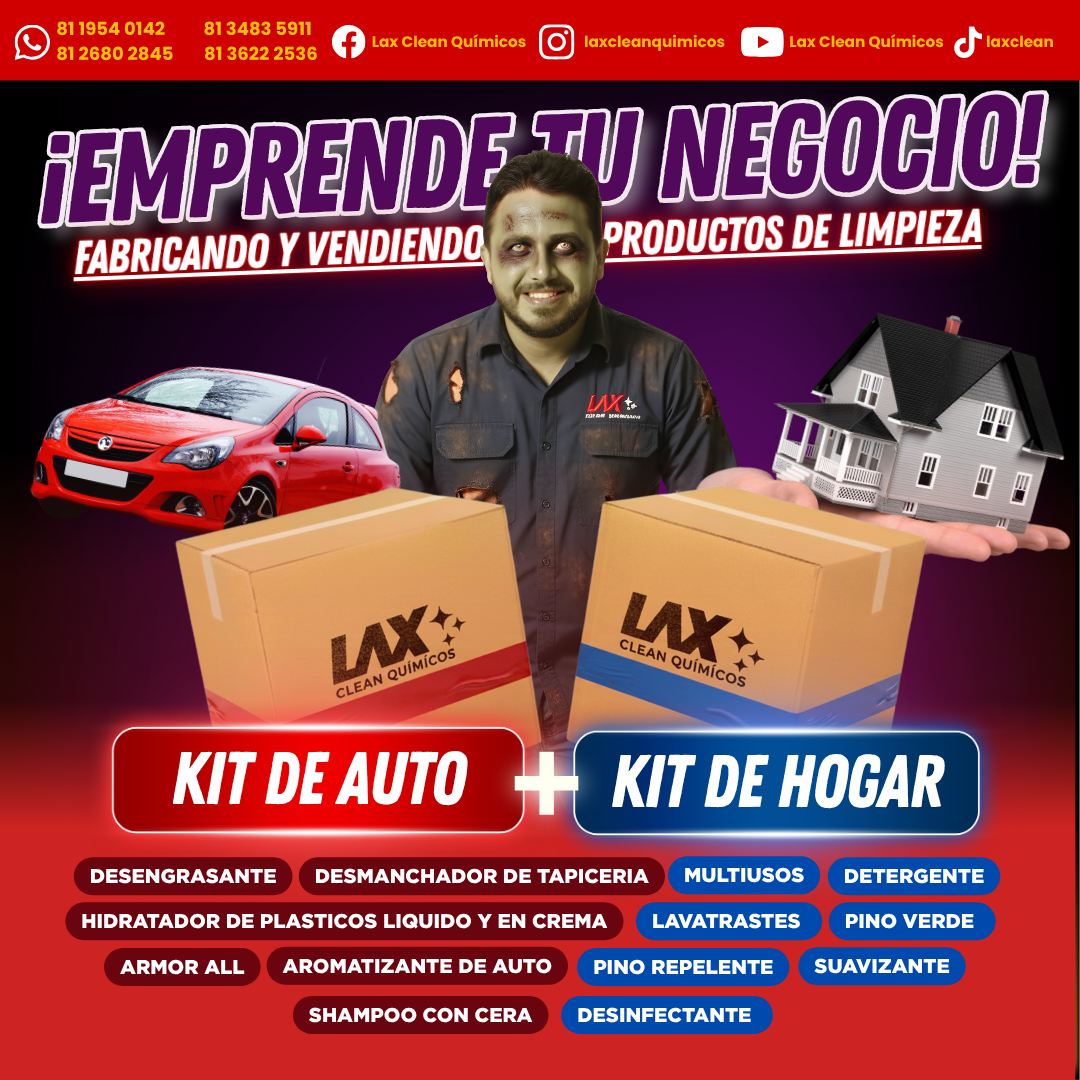 GRAN KIT DE LAX CLEAN HOGAR Y AUTOMOTRIZ + 2 CURSOS ONLINE CON FÓRMULAS EN VIDEO CON ACTUALIZACIONES + ATENCIÓN PERSONALIZADA 45 DÍAS