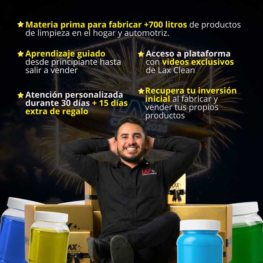 "GRAN KIT 2026" DE LAX CLEAN HOGAR Y AUTOMOTRIZ + 2 CURSOS ONLINE CON FÓRMULAS EN VIDEO CON ACTUALIZACIONES + ATENCIÓN PERSONALIZADA 45 DÍAS