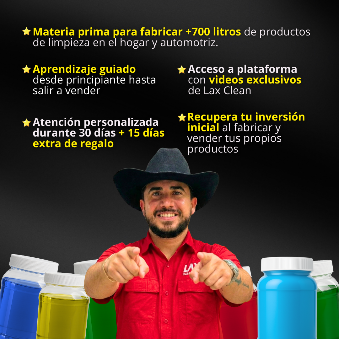 "GRAN KIT 2026" DE LAX CLEAN HOGAR Y AUTOMOTRIZ + 2 CURSOS ONLINE CON FÓRMULAS EN VIDEO CON ACTUALIZACIONES + ATENCIÓN PERSONALIZADA 45 DÍAS